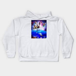 Rainbow Galaxy Cat Riding Shark In Space Kids Hoodie